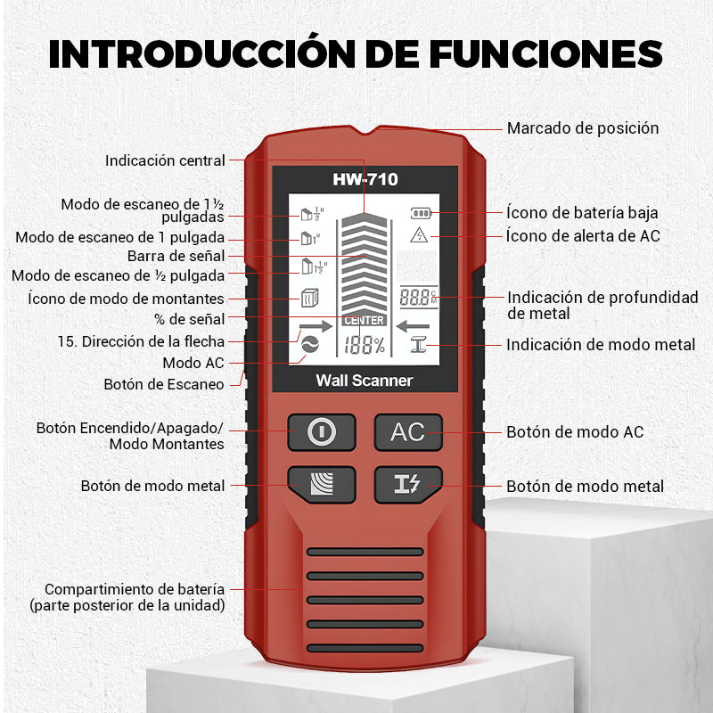 Detector manual multifunción de metales y paredes
